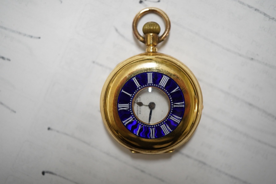 An early 20th century Swiss 18k and blue enamel half hunter keyless fob watch, with Roman chapter ring and dial, the movement signed 'Riverside', case diameter 35mm, gross weight 34 grams, now mounted in a leather watch